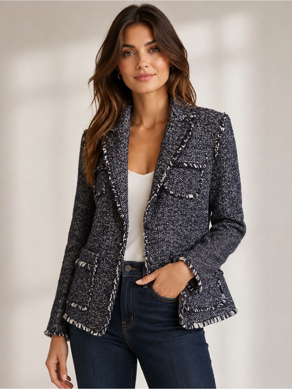 Jones New York Navy Tweed Fringe-Trim Blazer size medium